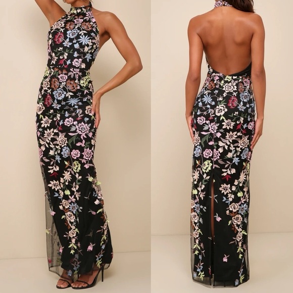 NWOT Infinite Praise Black 3D Floral Embroidered Halter Maxi Dress - Picture 1 of 4